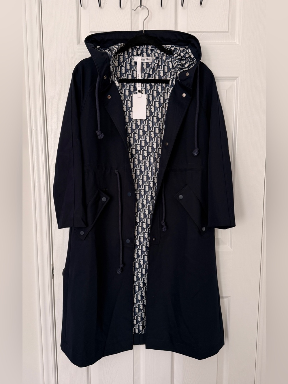 Dior Navy Hooded Trench Coat with Monogram Lining
